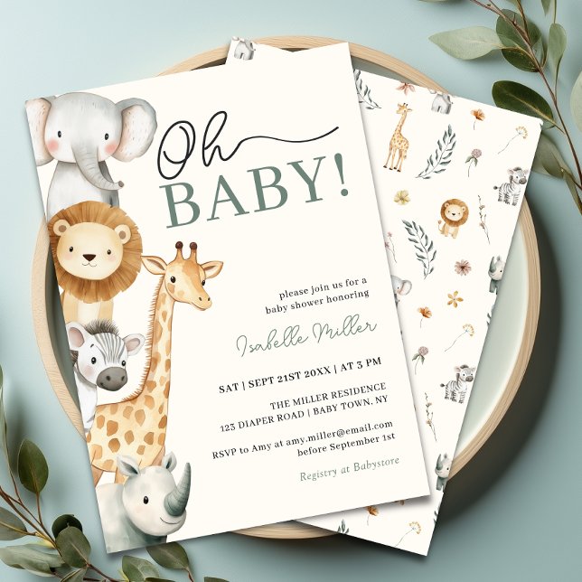 Oh Baby Jungle Safari Baby Dusche Einladung (Oh Baby Jungle Safari Baby Shower Invitation Front & Back)