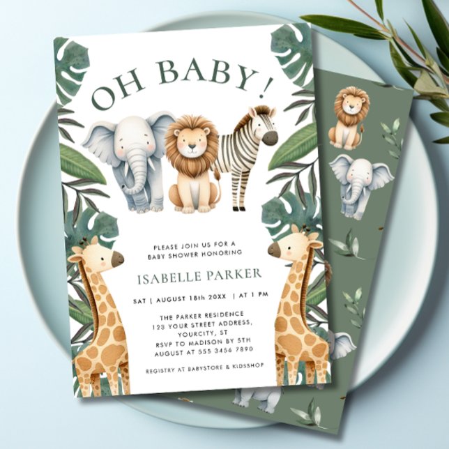 Oh Baby Jungle Safari Baby Dusche Einladung (Oh Baby Jungle Safari Baby Shower Invitation- front & back)