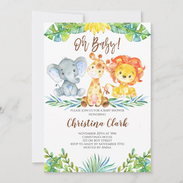 Oh, Baby! Jungle Safari Niedlich Baby Dusche Einladung (Vorderseite)