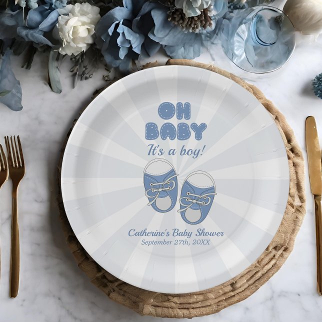 Oh Baby | Kinderschuhe Dusty Blue Boy Baby Shower Pappteller (Von Creator hochgeladen)