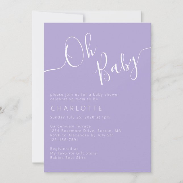 Oh Baby Lavender Lila Gender Neutral Baby Dusche Einladung (Vorderseite)