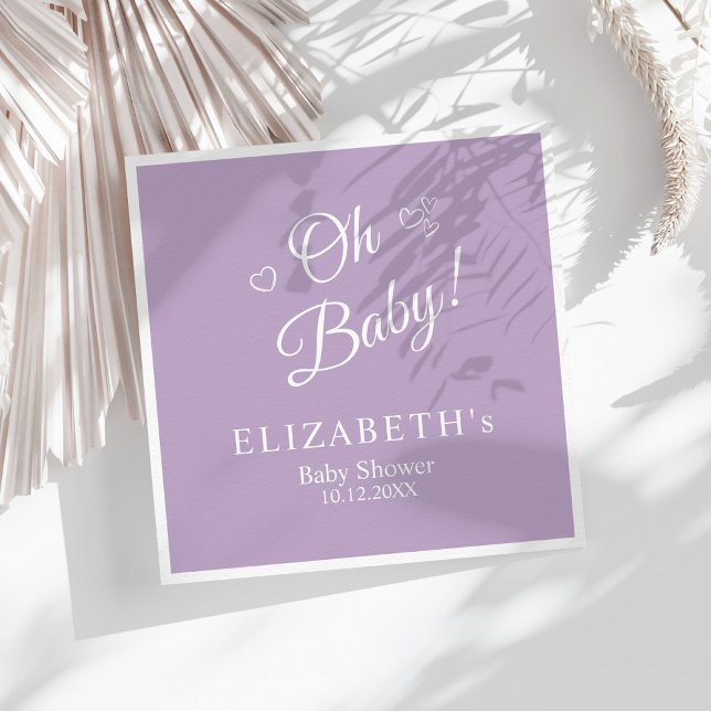 "Oh Baby" Lavender Moderne Minimalistische Babydus Serviette ("Oh Baby" Lavender Modern Minimalist Baby Shower Napkins on a sunny boho white table.)