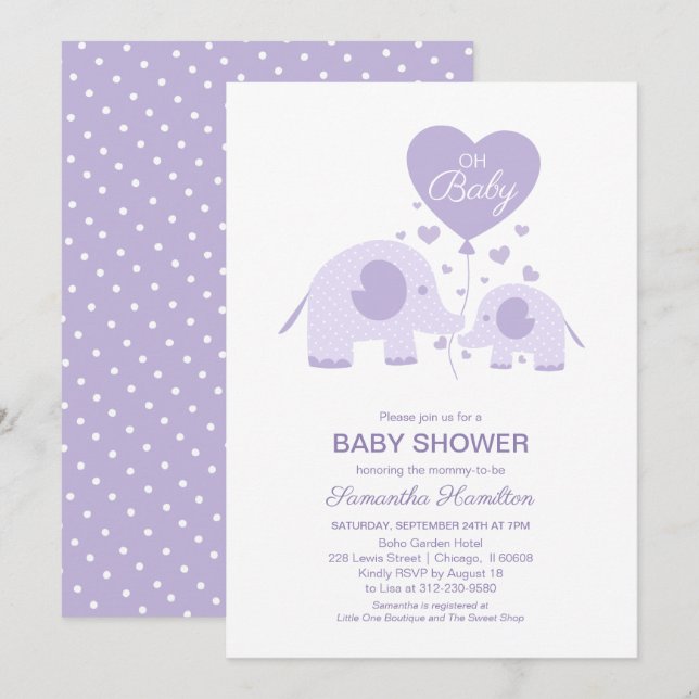 Oh Baby Lavender Niedlich Elephant Baby Dusche Einladung (Vorne/Hinten)