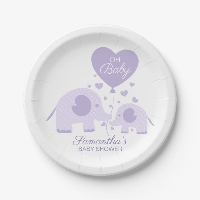 Oh Baby Lavender Schöne Elephant Babydusche Pappteller (Vorderseite)