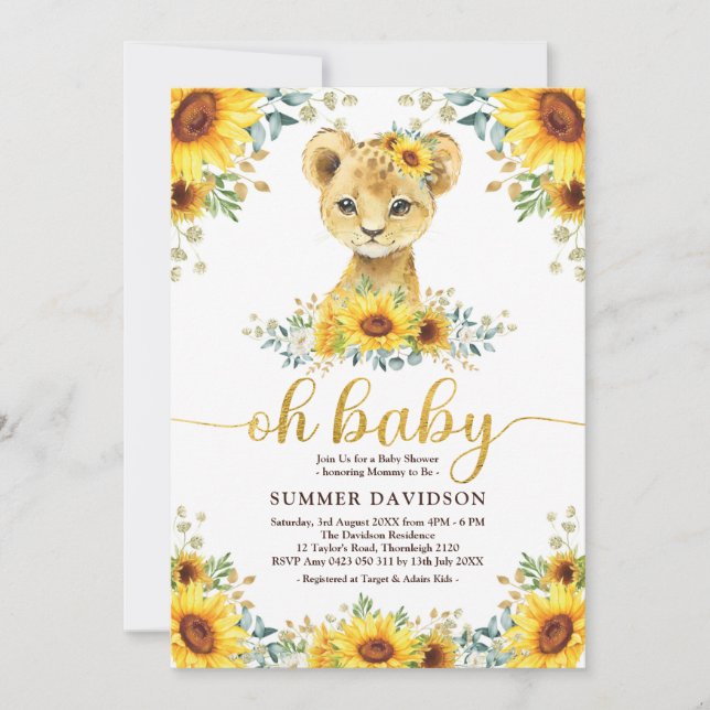 Oh Baby Lion Cub Sonnenblume Grünpflanzen Babydusc Einladung (Vorderseite)