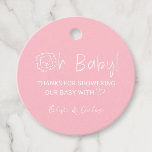 Oh Baby Lion und Herz Danke, Baby Dusche Geschenkanhänger (Vorderseite)