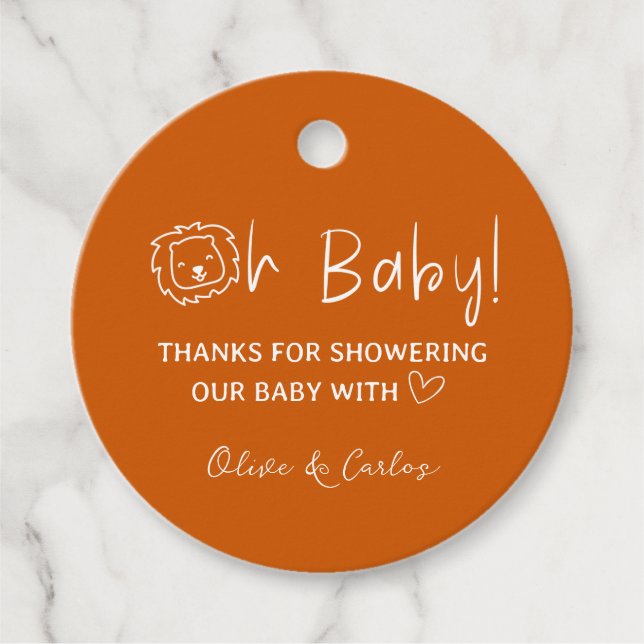 Oh Baby Lion und Herz Danke, Baby Dusche Geschenkanhänger (Vorderseite)