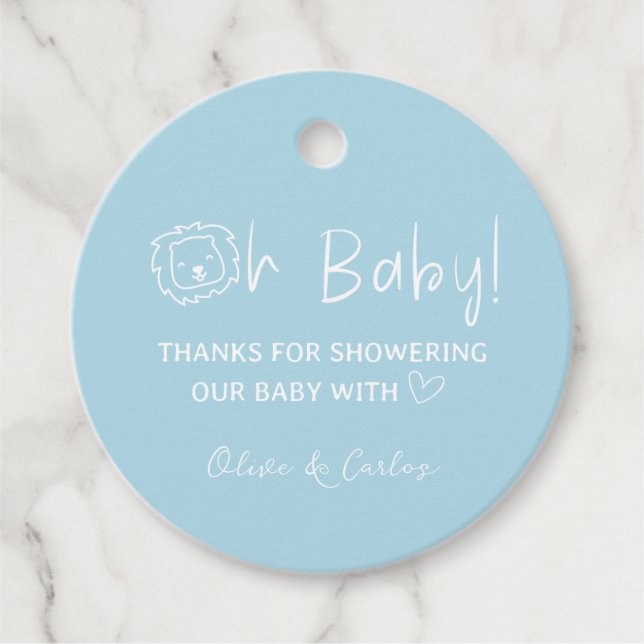 Oh Baby Lion und Herz Danke, Baby Dusche Geschenkanhänger (Vorderseite)