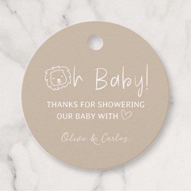 Oh Baby Lion und Herz Danke, Baby Dusche Geschenkanhänger (Vorderseite)