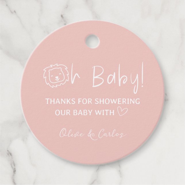 Oh Baby Lion und Herz Danke, Baby Dusche Geschenkanhänger (Vorderseite)