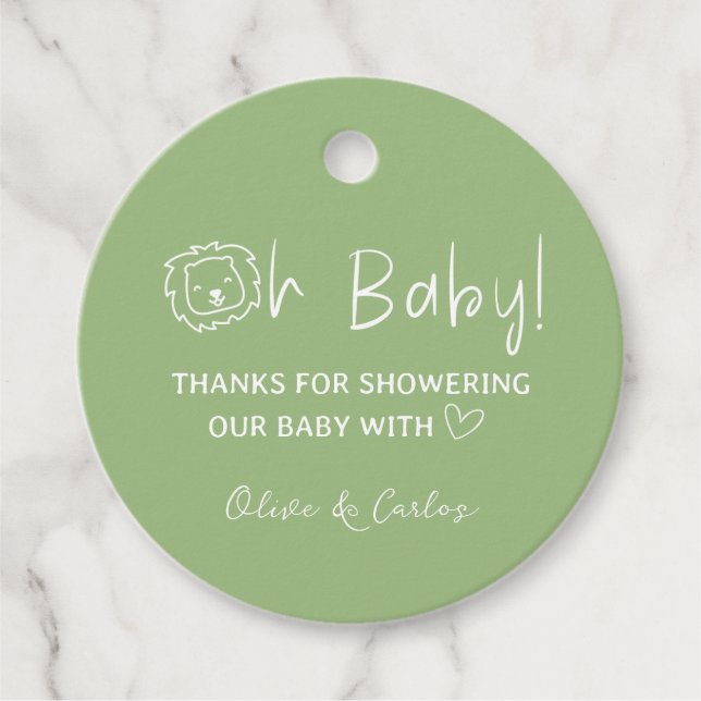 Oh Baby Lion und Herz Danke, Baby Dusche Geschenkanhänger (Vorderseite)