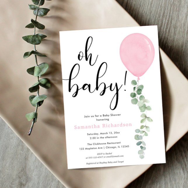 Oh Baby Mädchen rosa Ballon Eukalyptus Babydusche Einladung (Von Creator hochgeladen)