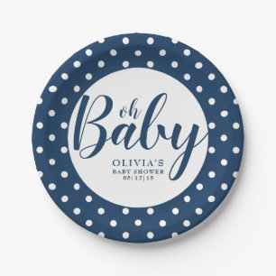Oh Baby - Marine-Blau-Tupfen-Babyparty Pappteller