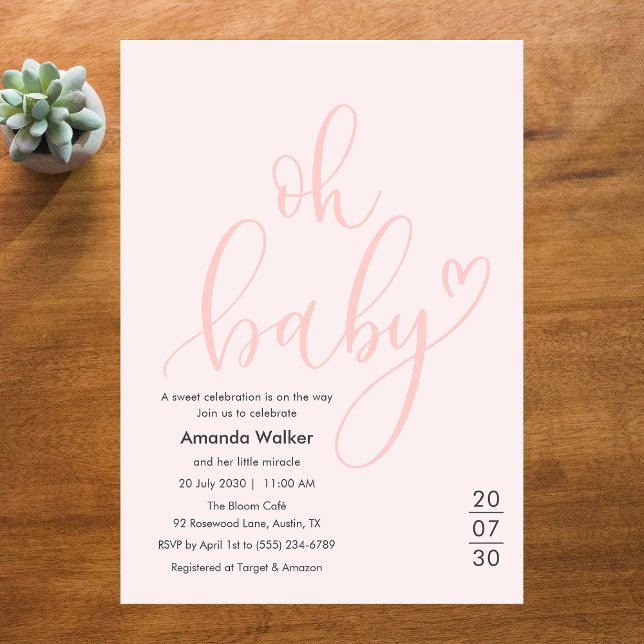Oh Baby! Minimal Elegant Pink Script Baby Shower Einladung (Oh Baby! Minimal Elegant Pink Script Baby Shower Invitation)
