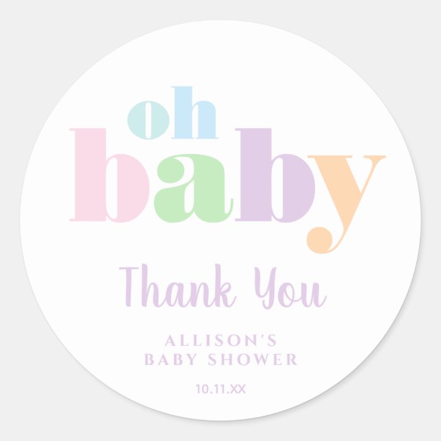 Oh Baby Minimal Moderne Pastel Dusche Danke Runder Aufkleber (Vorderseite)