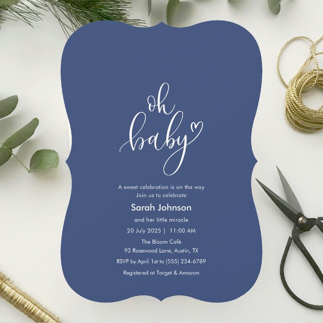 Oh Baby! Minimal Typography Blue Baby Shower Einladung (Oh Baby! Minimal Typography Blue Baby Shower Invitation)