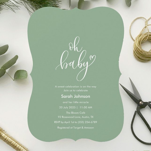 Oh Baby! Minimal Typography Sage Green Baby Shower Einladung (Oh Baby! Minimal Typography Sage Green Baby Shower Invitation)