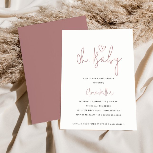 Oh Baby Minimalistisch Dusty Rose White Baby Dusch Einladung (Von Creator hochgeladen)
