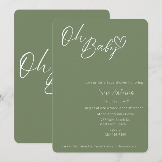 Oh Baby Minimalistisch Sage Green Baby Dusche Einladung (Vorne/Hinten)