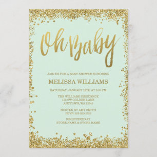 Oh Baby Mint Gold Glitzer Babydusche Einladung