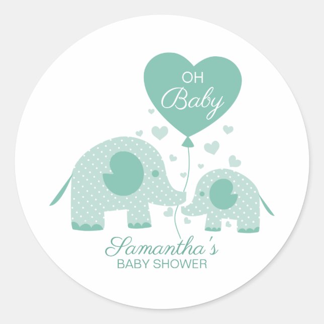 Oh Baby Mint Green Elephant Baby Dusche Gefallen Runder Aufkleber (Vorderseite)
