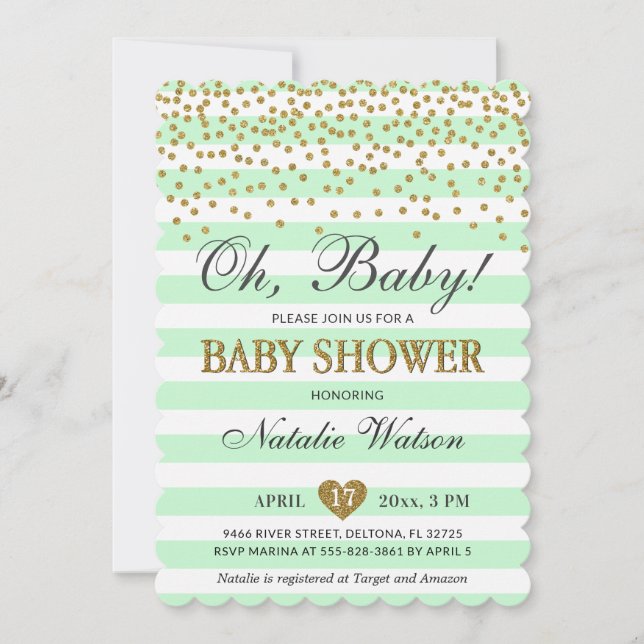 Oh Baby Mint Green Gold Gender Neutral Baby Dusche Einladung (Vorderseite)
