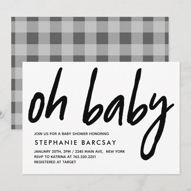 Oh Baby Modern Baby Shower Gray Gingham Einladung (Vorne/Hinten)