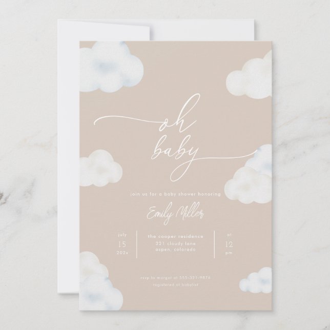 Oh Baby Modern Beige Cloud Baby Dusche Einladung (Vorderseite)