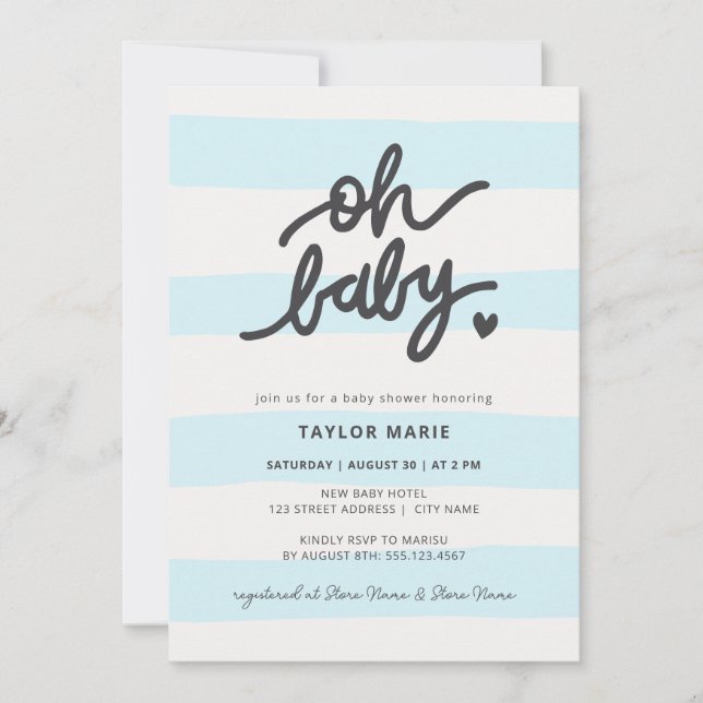 Oh Baby Modern Blue Stripes Babydusche Einladung (Vorderseite)