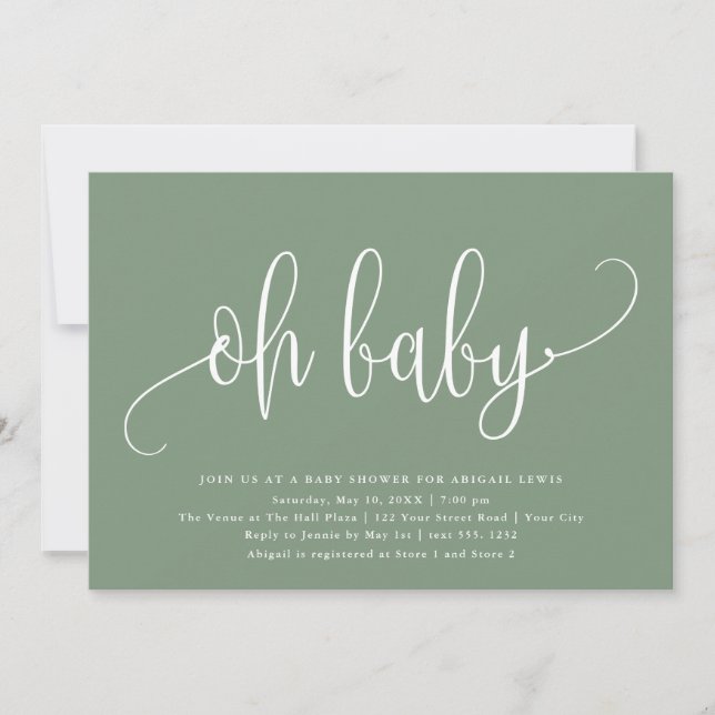 Oh Baby Modern Calligraphy Sage Green Baby Dusche Einladung (Vorderseite)