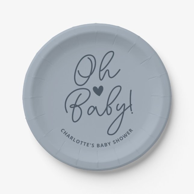 Oh Baby Modern Dusty Blue Boy Baby Dusche Custom Pappteller (Vorderseite)