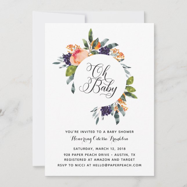 Oh Baby Modern Floral Baby Dusche Einladung (Vorderseite)