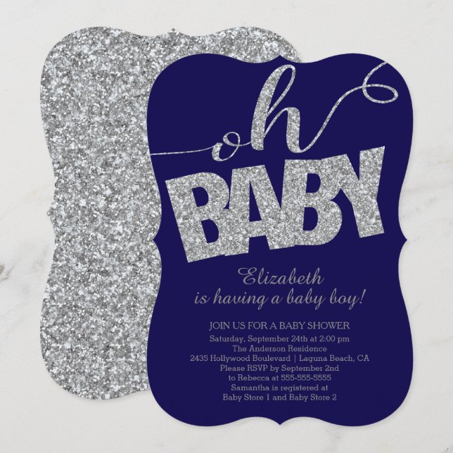 Oh Baby Modern Glitzer Boys Babydusche Einladung (Vorne/Hinten)