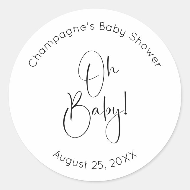 Oh Baby Modern Script Baby Dusche Runder Aufkleber (Vorderseite)
