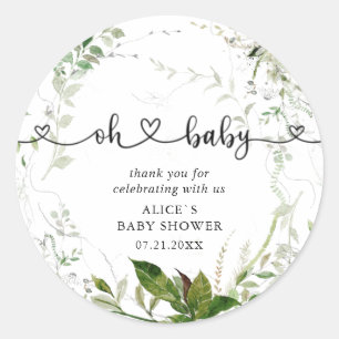 Oh Baby Moderne Grünpflanzen Blätter Baby Shower Runder Aufkleber