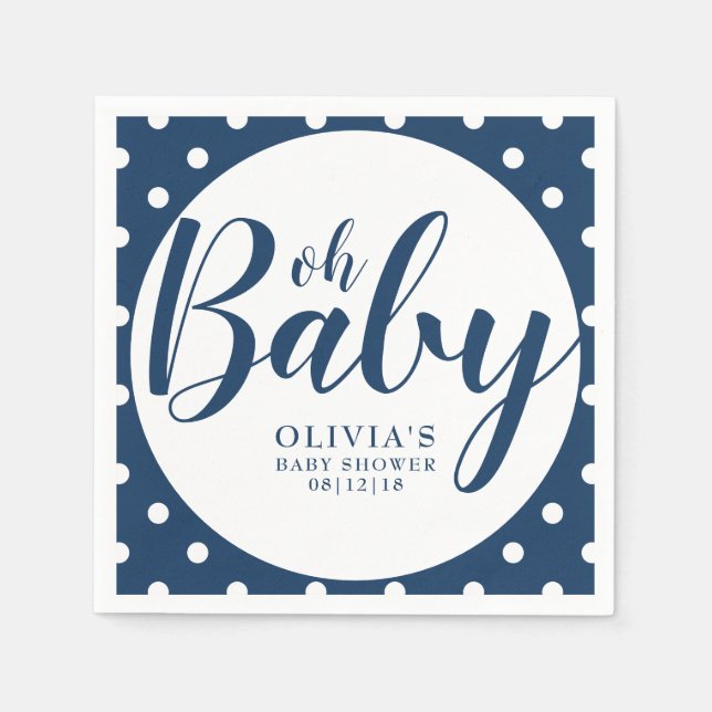 Oh Baby - Navy Blue Polka Dot Baby Shower Serviette (Vorderseite)