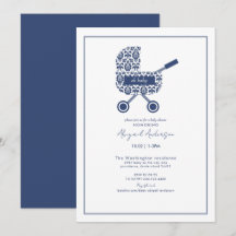 Oh Baby Navy Damask Pram Kinderdusche Einladung