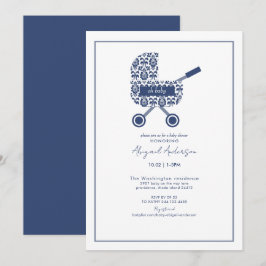 Oh Baby Navy Damask Pram Kinderdusche Einladung