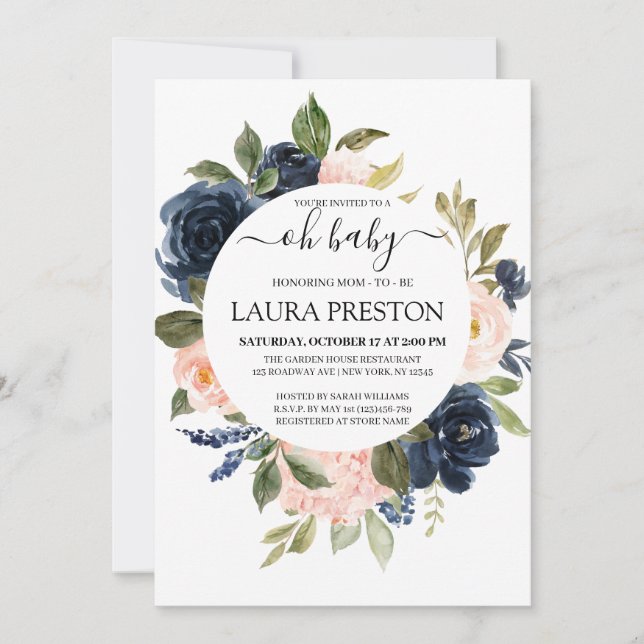 Oh Baby Navy und Blush Pink Script Babydusche Einladung (Vorderseite)