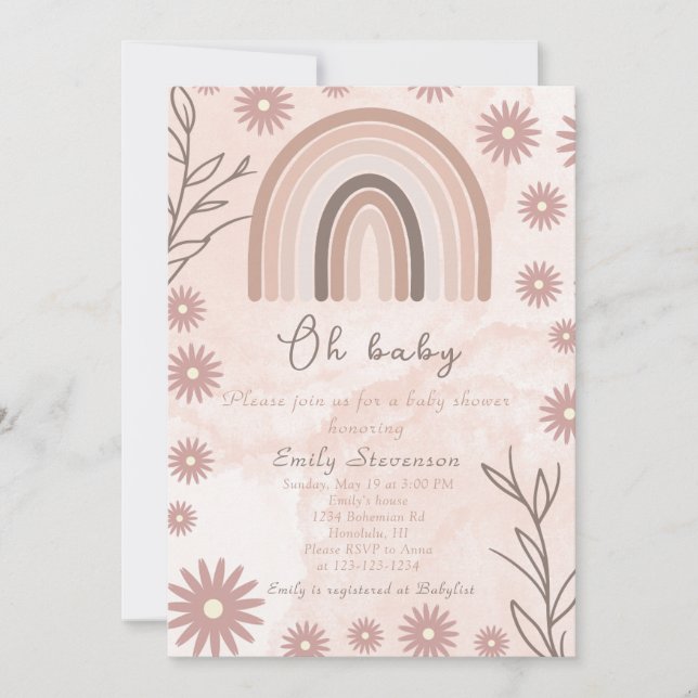 Oh Baby Neutral Rainbow Baby Shower Boho Floral Einladung (Vorderseite)