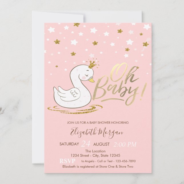 Oh Baby Niedlich Baby Swan Crown Stars Babydusche Einladung (Vorderseite)