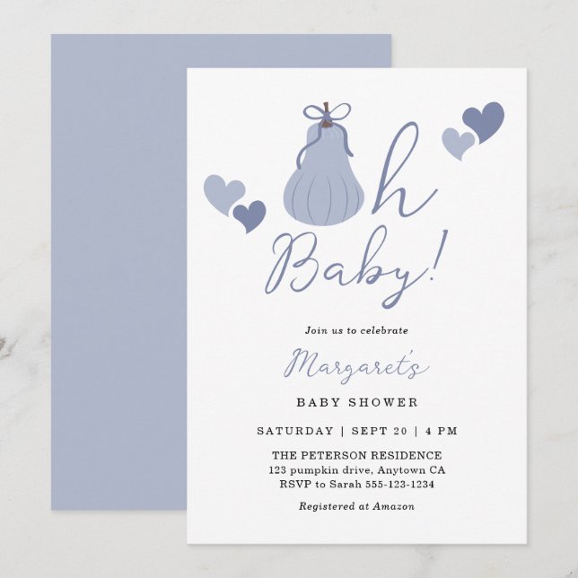 Oh Baby Niedlich Blue Pumpkin Bow Boy Baby Dusche Einladung (Vorne/Hinten)