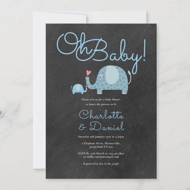 Oh Baby Niedlich Elefanten Paare Babydusche Einladung (Vorderseite)