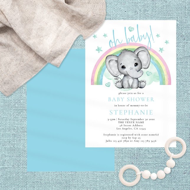 Oh Baby Niedlich Elephant Rainbow Blue Baby Dusche Einladung (Von Creator hochgeladen)