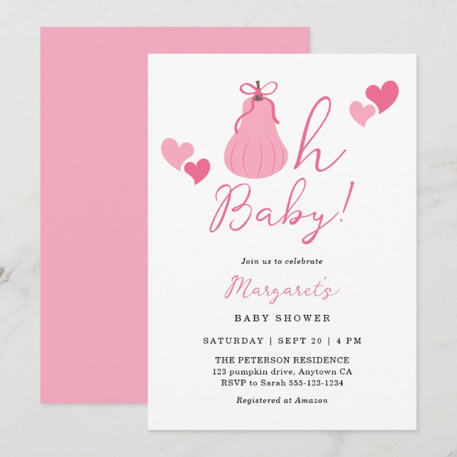 Oh Baby Niedlich Pink Pumpkin Bow Girl Baby Dusche Einladung (Vorne/Hinten)