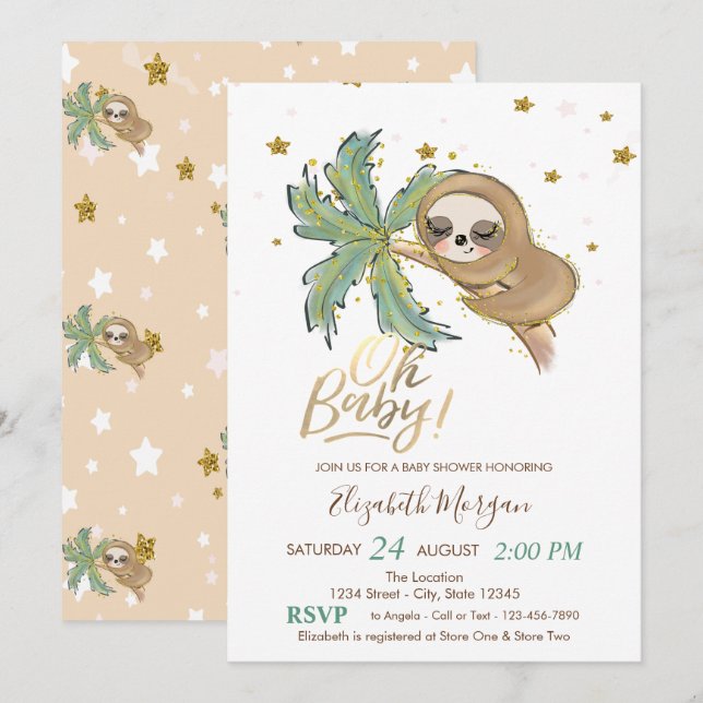 Oh Baby Niedlich Sleeping Sloth Baby Dusche Einladung (Vorne/Hinten)