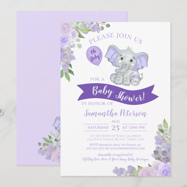Oh, Baby! Niedlicher Elefant Lila Blumenspülung Einladung (Vorne/Hinten)