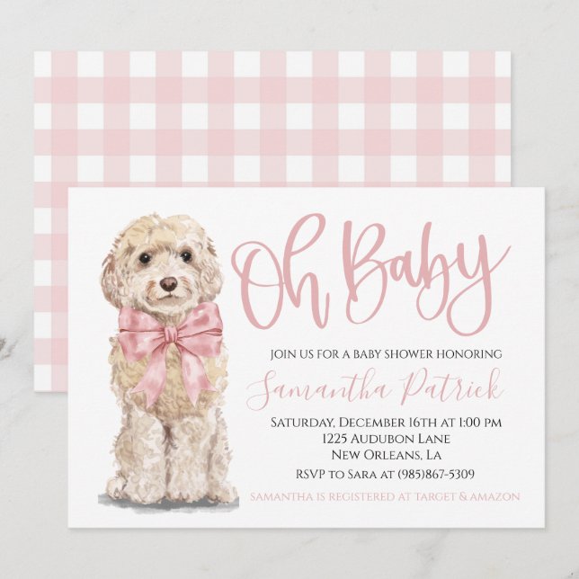 Oh, Baby! Niedlicher Welpe Dog Pink Gingham Dog Du Einladung (Vorne/Hinten)