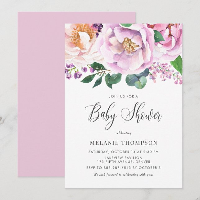Oh Baby Pastel Lila Peonies Frühjahrsdusche Einladung (Vorne/Hinten)