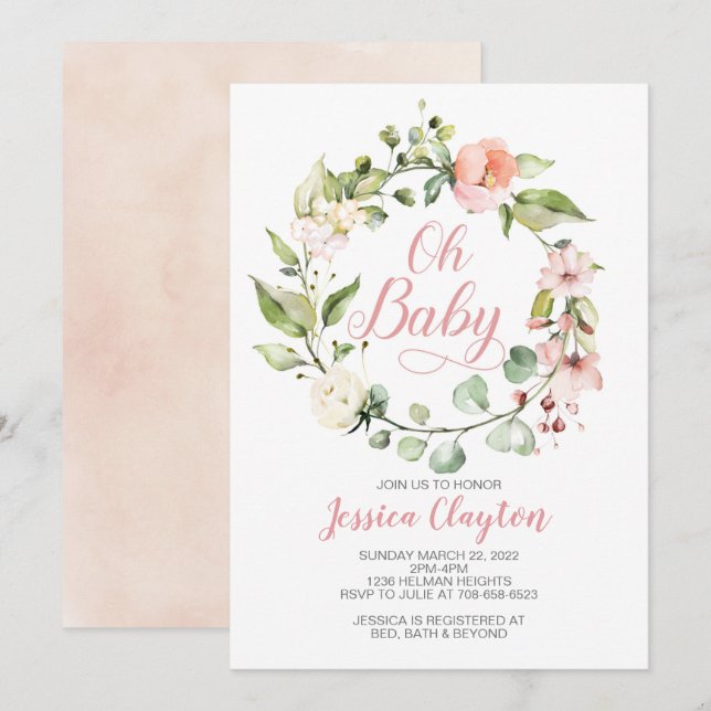 Oh Baby Peach Floral Baby Dusche Einladung (Vorne/Hinten)